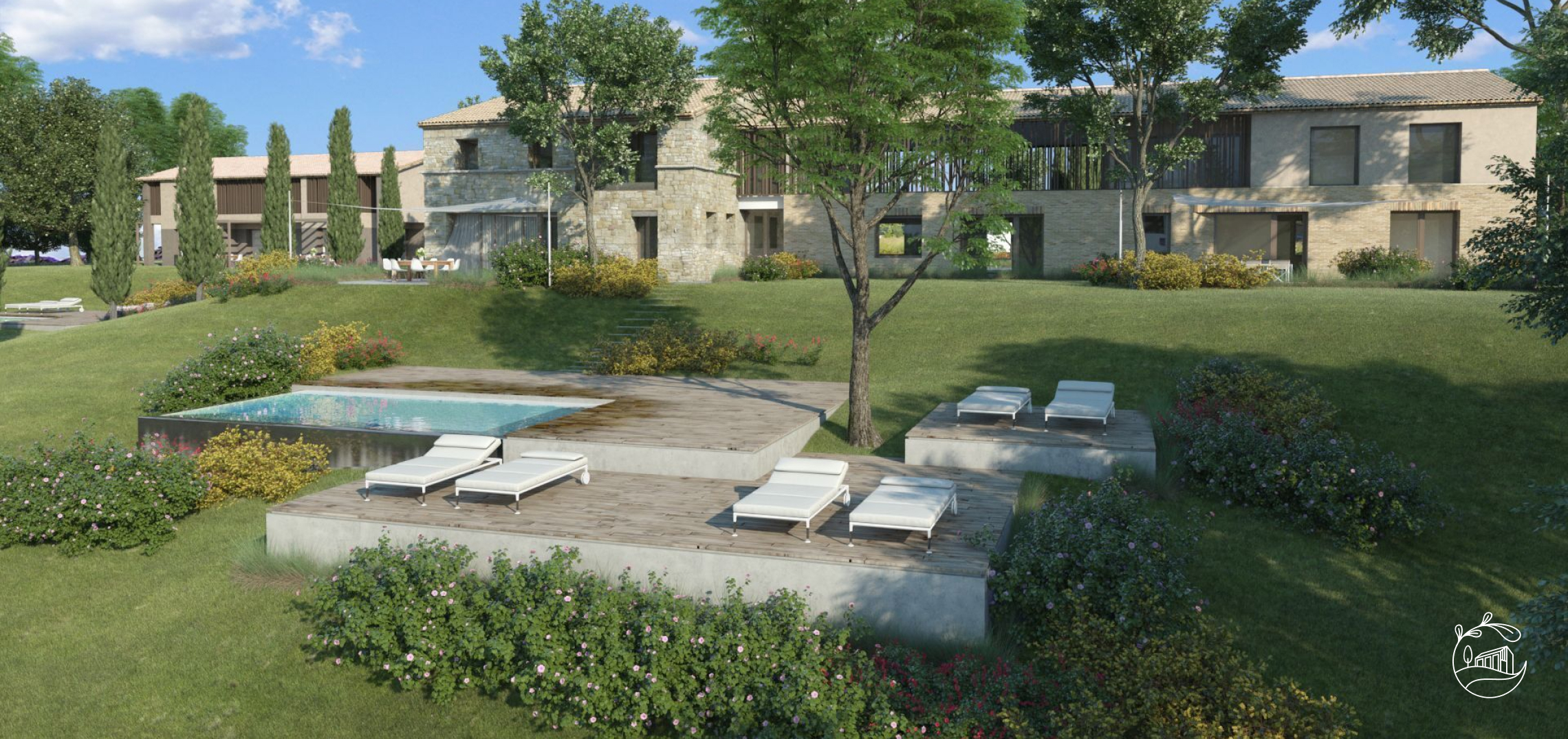 Photograph of the La Corte di Tavignano villa with pool and garden