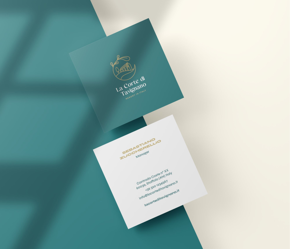 Coordinated La Corte di Tavignano cards on a teal background